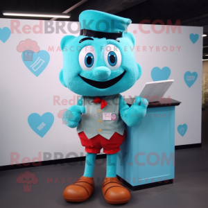 Cyan Love Letter mascot costume character dressed with a Vest and Suspenders