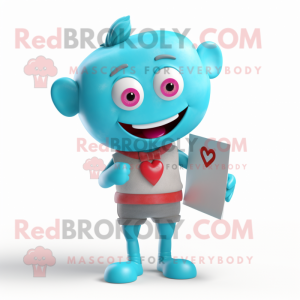 Cyan Love Letter mascot costume character dressed with a Vest and Suspenders