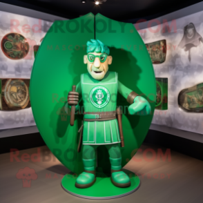 Green Celtic Shield mascot costume character dressed with a Playsuit and Reading glasses