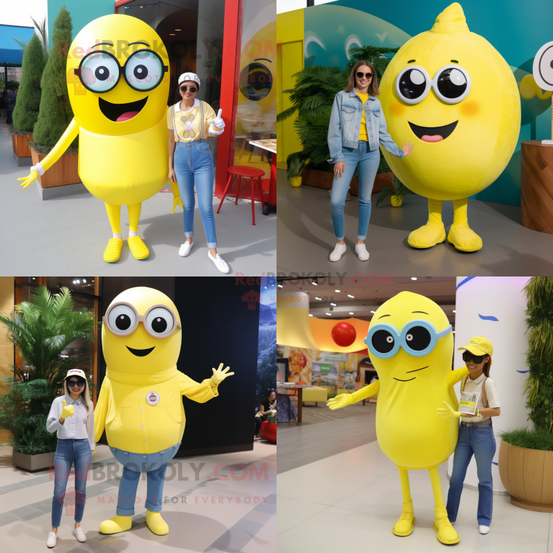 Lemon Yellow Plate Spinner mascot costume character dressed with a Mom Jeans and Sunglasses