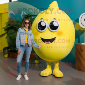 Lemon Yellow Plate Spinner mascot costume character dressed with a Mom Jeans and Sunglasses