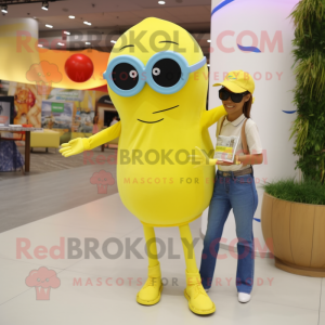 Lemon Yellow Plate Spinner mascot costume character dressed with a Mom Jeans and Sunglasses