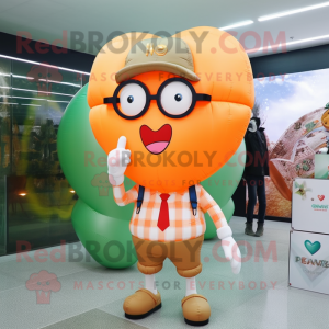 Peach Heart Shaped Balloons mascot costume character dressed with a Cargo Shorts and Eyeglasses