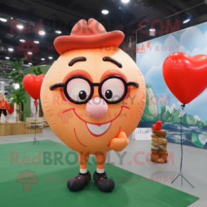 Peach Heart Shaped Balloons mascot costume character dressed with a Cargo Shorts and Eyeglasses