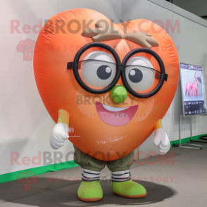 Peach Heart Shaped Balloons mascot costume character dressed with a Cargo Shorts and Eyeglasses