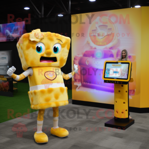 Gold Grilled Cheese Sandwich mascot costume character dressed with a Dress and Digital watches