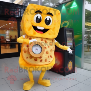 Gold Grilled Cheese Sandwich mascot costume character dressed with a Dress and Digital watches