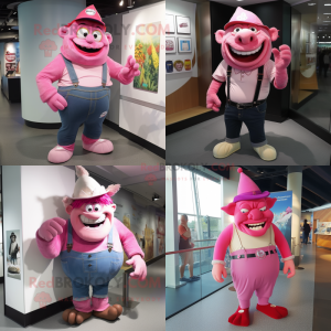 Pink Ogre mascot costume character dressed with a Skinny Jeans and Hat pins