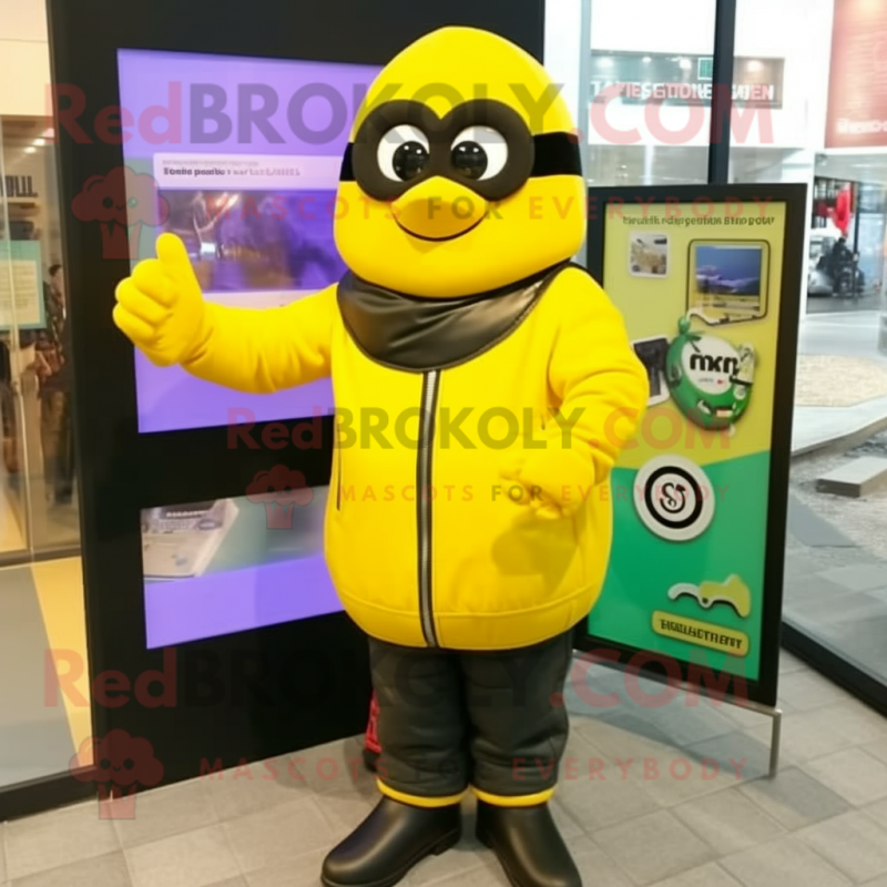 Lemon Yellow Wrist Watch mascot costume character dressed with a Leather Jacket and Mittens