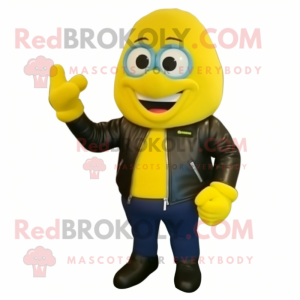 Lemon Yellow Wrist Watch mascot costume character dressed with a Leather Jacket and Mittens