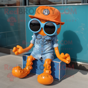 Orange Octopus mascot costume character dressed with a Denim Shirt and Sunglasses