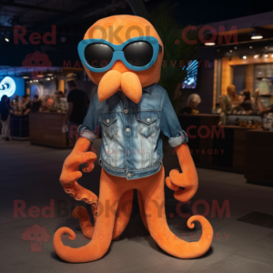 Orange Octopus mascot costume character dressed with a Denim Shirt and Sunglasses