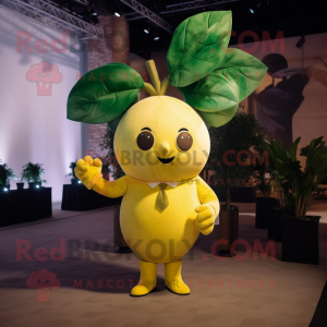 Lemon Yellow Beanstalk mascot costume character dressed with a Suit and Hairpins