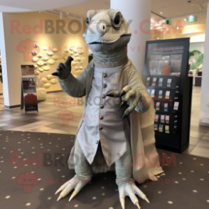 Silver Komodo Dragon mascot costume character dressed with a Chinos and Coin purses