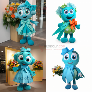 Turquoise Bouquet Of Flowers mascot costume character dressed with a Wrap Skirt and Bow ties