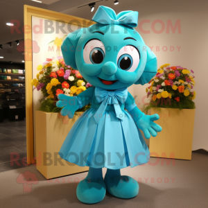 Turquoise Bouquet Of Flowers mascot costume character dressed with a Wrap Skirt and Bow ties