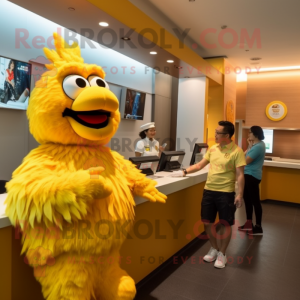 Yellow Fried Chicken mascot costume character dressed with a Chinos and Watches