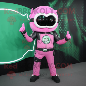 Pink Green Bean mascot costume character dressed with a Biker Jacket and Rings