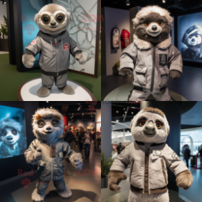 Gray Sloth mascot costume character dressed with a Bomber Jacket and Wraps