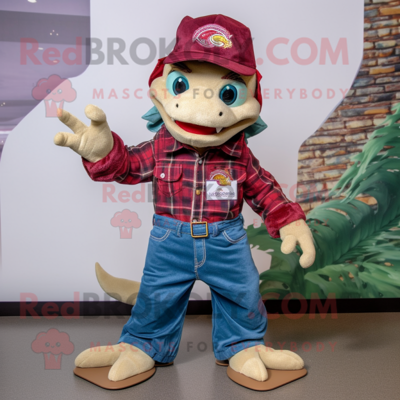 Maroon Geckos mascot costume character dressed with a Flannel Shirt and Hair clips