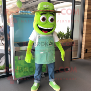 Lime Green Bbq Ribs mascot costume character dressed with a Chambray Shirt and Shoe laces