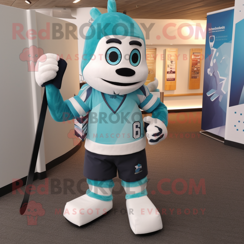 Cyan Ice Hockey Stick mascot costume character dressed with a Leggings and Backpacks