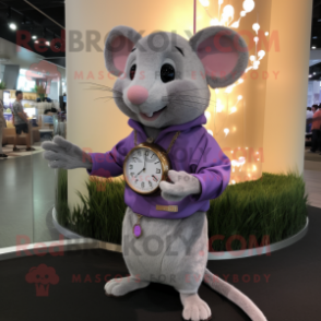 Lavender Rat mascot costume character dressed with a Romper and Bracelet watches