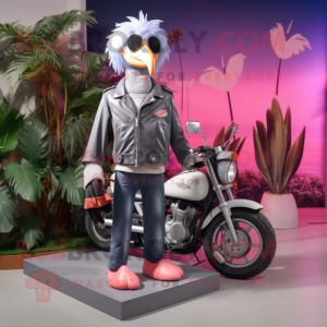 Silver Flamingo mascot costume character dressed with a Moto Jacket and Wallets