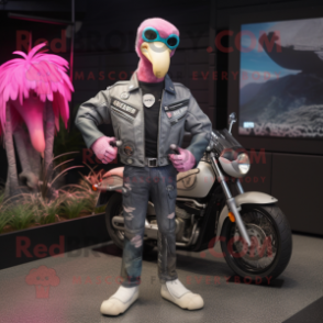 Silver Flamingo mascot costume character dressed with a Moto Jacket and Wallets