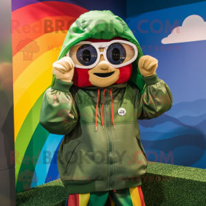 Olive Rainbow mascot costume character dressed with a Windbreaker and Berets