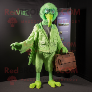 Lime Green Vulture mascot costume character dressed with a Henley Shirt and Handbags