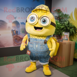 Lemon Yellow Momentum mascot costume character dressed with a Denim Shorts and Keychains