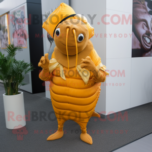 Gold Hermit Crab mascot costume character dressed with a Sheath Dress and Tie pins