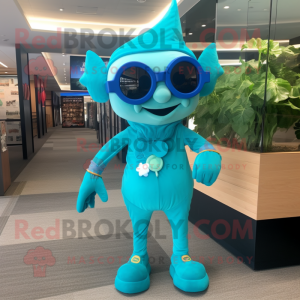 Turquoise Elf mascot costume character dressed with a Jumpsuit and Sunglasses