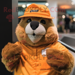 Orange Marmot mascot costume character dressed with a Cover-up and Hats