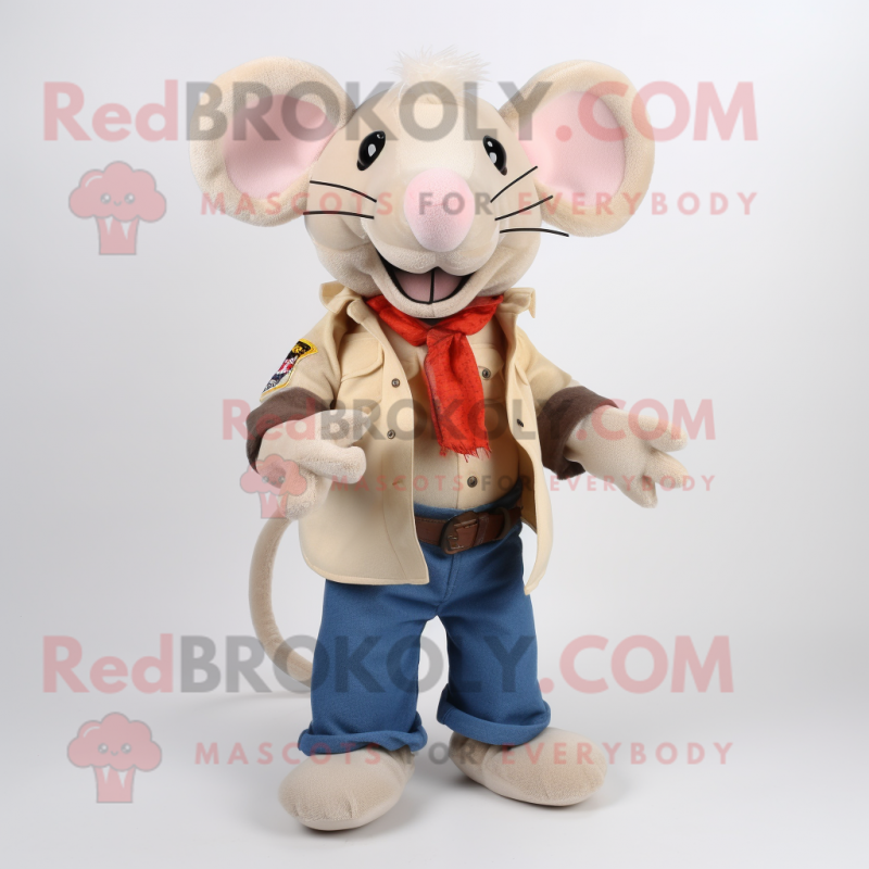 Beige Rat mascot costume character dressed with a Flare Jeans and Scarf clips