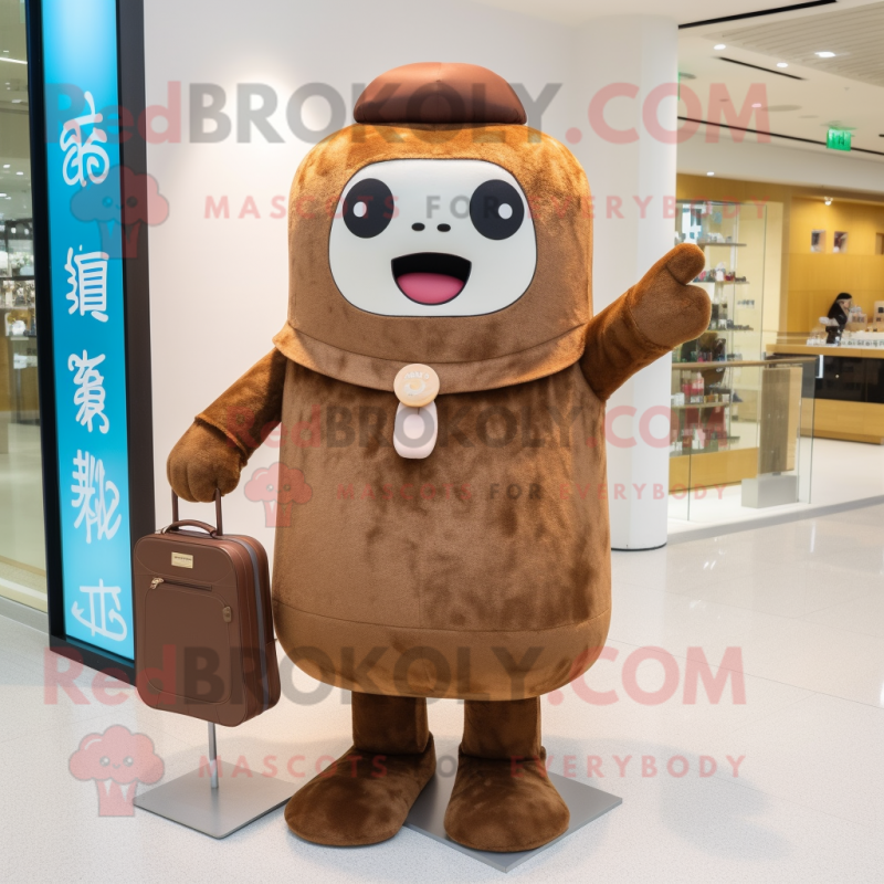 Brown Miso Soup mascot costume character dressed with a Shift Dress and Messenger bags