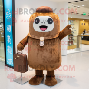 Brown Miso Soup mascot costume character dressed with a Shift Dress and Messenger bags