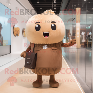Brown Miso Soup mascot costume character dressed with a Shift Dress and Messenger bags