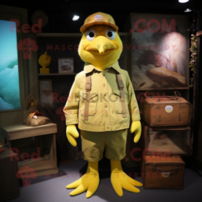 Lemon Yellow Crow mascot costume character dressed with a Cargo Pants and Hats
