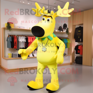 Lemon Yellow Moose mascot costume character dressed with a Yoga Pants and Shoe clips