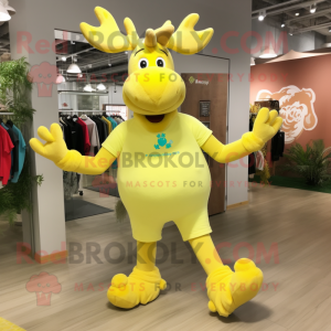 Lemon Yellow Moose mascot costume character dressed with a Yoga Pants and Shoe clips