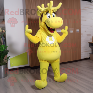 Lemon Yellow Moose mascot costume character dressed with a Yoga Pants and Shoe clips