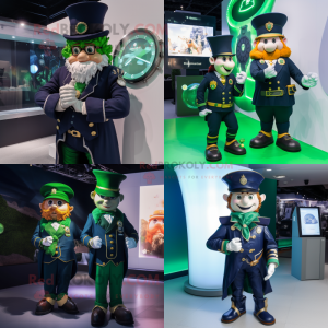 Navy Leprechaun mascot costume character dressed with a Jacket and Smartwatches