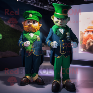 Navy Leprechaun mascot costume character dressed with a Jacket and Smartwatches
