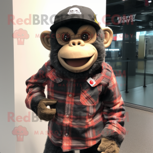 Black Chimpanzee mascot costume character dressed with a Flannel Shirt and Berets