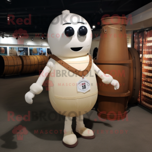 Cream Human Cannon Ball mascot costume character dressed with a Vest and Tote bags