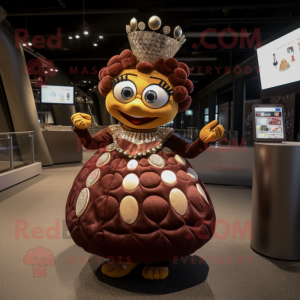 Brown Queen mascot costume character dressed with a Ball Gown and Coin purses