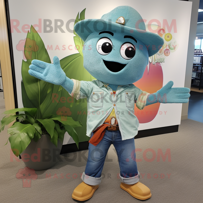 Teal Mango mascot costume character dressed with a Chambray Shirt and Wraps