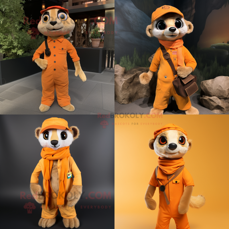 Orange Meerkat mascot costume character dressed with a Overalls and Scarf clips